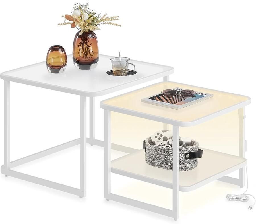 FurnStar Salontafel Set van 2 met LED-Verlichting Vierkante Bijzettafel Modern Melkglas Onderste Plank Wolkenwit-Parelwit LCT246W01
