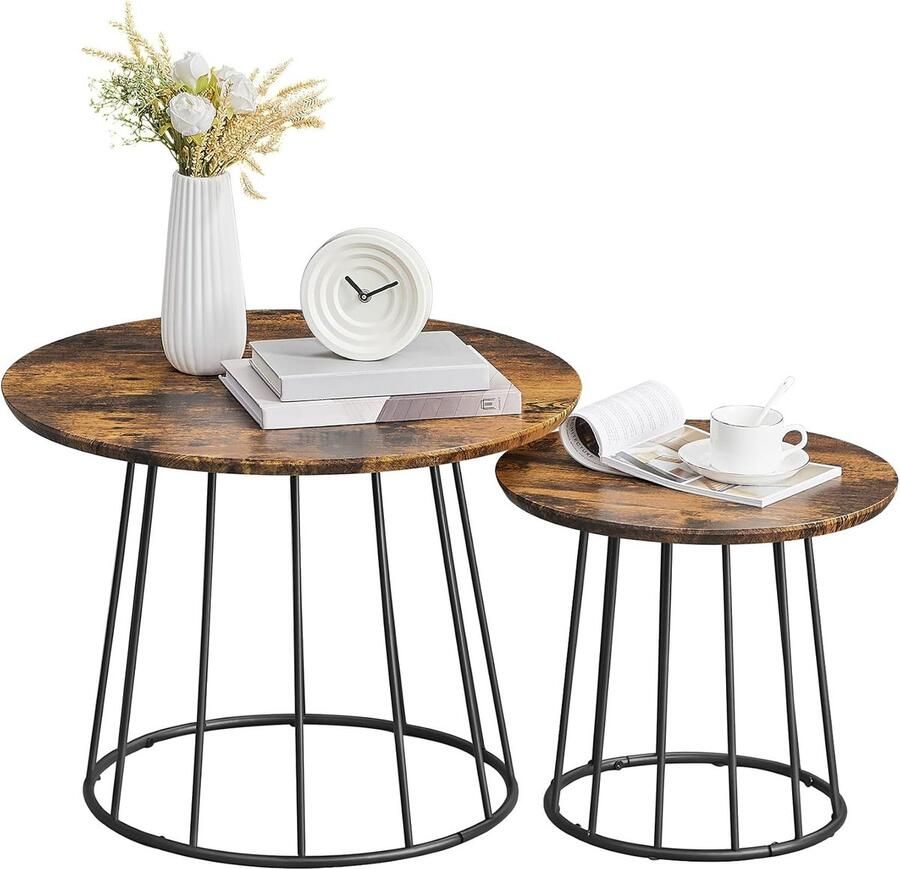 FurnStar Salontafel Set van 2 Ronde Bijzettafels Modern Design Stalen Frame Vintage Bruin Voor Woonkamer en Slaapkamer LCT045K01