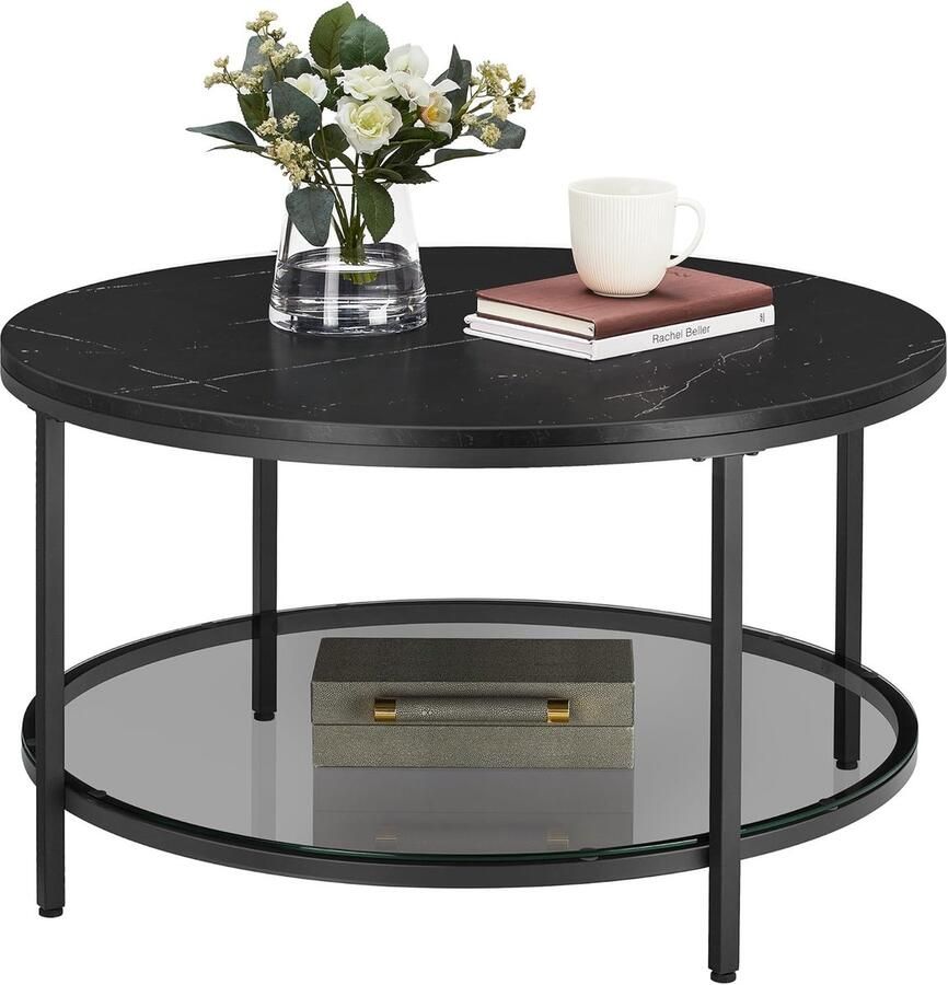 FurnStar – Salontafel – Woonkamertafel met glasplaat – Moderne banktafel met veel opbergruimte – Eenvoudige montage – 80x44 5 cm -Marmerzwart Inktzwart –