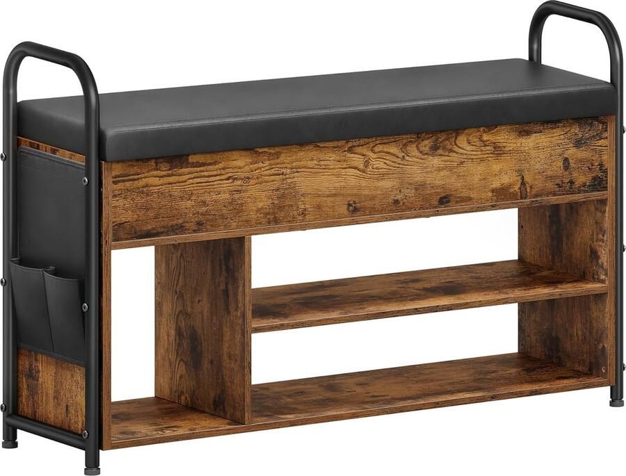 FurnStar Schoenbank met zitvlak Schoenenrek Zitbank met opbergruimte onder het deksel PU-organizer Handgrepen Voor hal Woonkamer Slaapkamer 30 x 100 6 x 62 5 cm Vintage bruin-Inktzwart