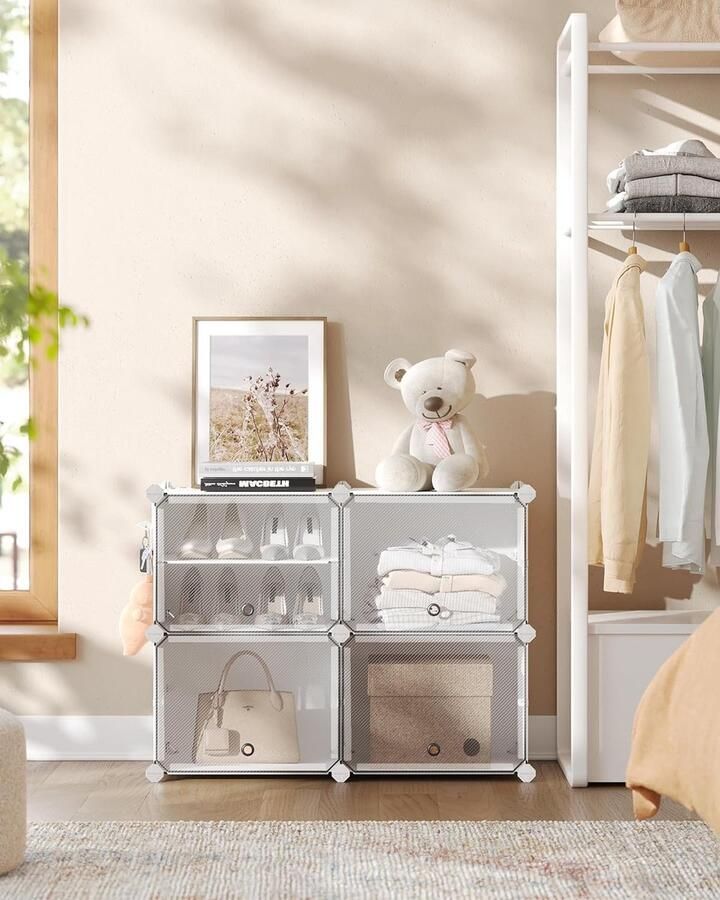 FurnStar SONGMICS Schoenenbank 30 x 40 x 30 cm Schoenenrek met 4 vakken Schoenen Rek Schoenenrek Wit Stalen frame Plastic