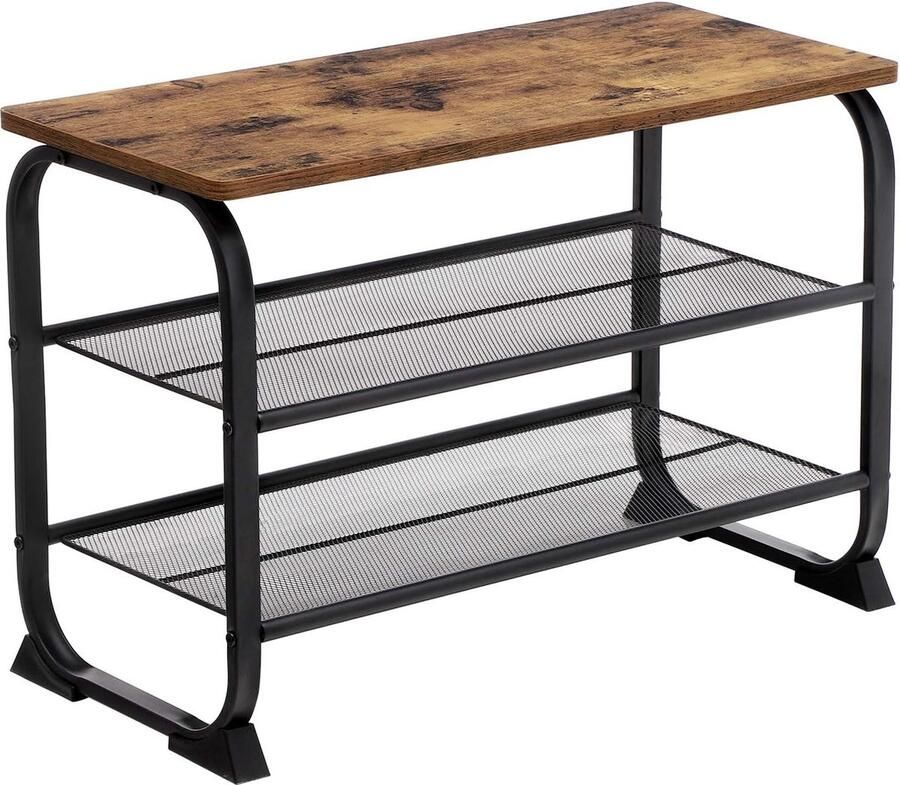 FurnStar Schoenenbank Industrieel schoenenrek met 2 gaasplanken Rond ijzeren frame in gang en woonkamer Stabiel Smal en ruimtebesparend Rustiek bruin