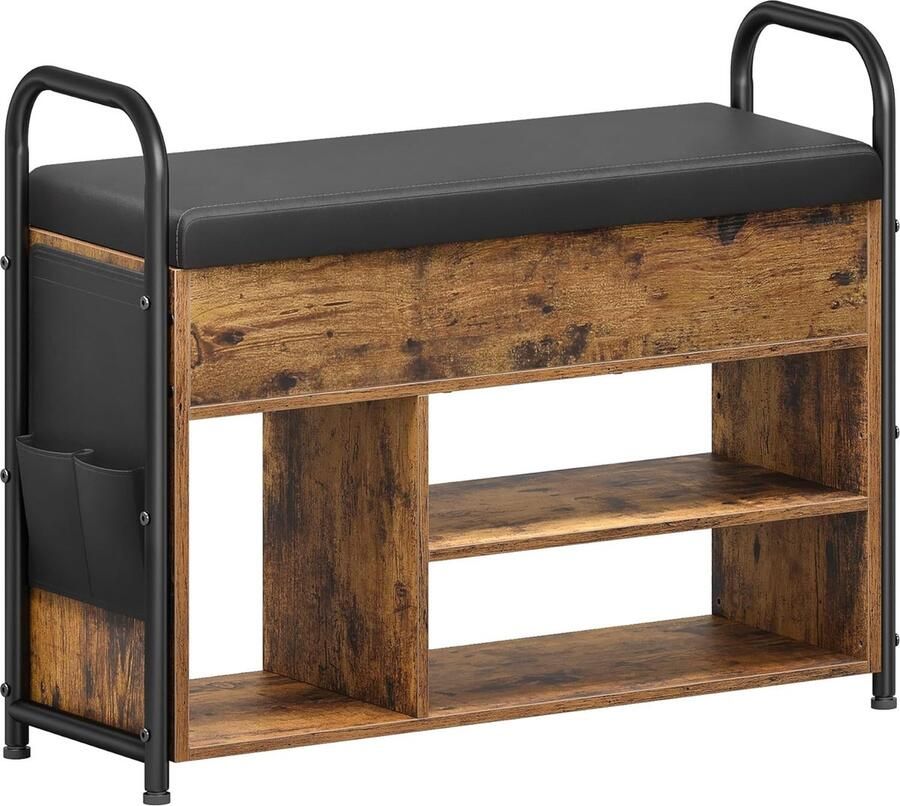 FurnStar Schoenenbank met zitvlak schoenenrek zitbank met opbergruimte onder het deksel PU-organizer handgrepen voor hal woonkamer slaapkamer vintage bruin-inktzwart