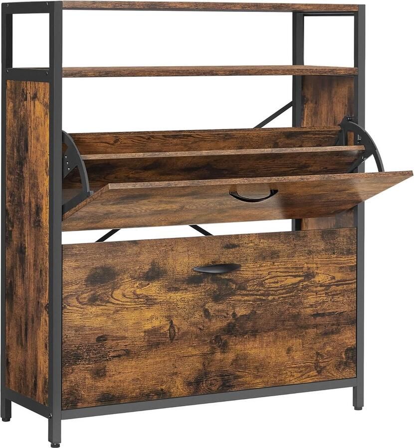 FurnStar Schoenenkast Schoenenrek Schoenenbank Schoenenrek Metaal Hout Schoenenrek Zwart 80 x 30 x 130 cm Vintage Bruin Zwart