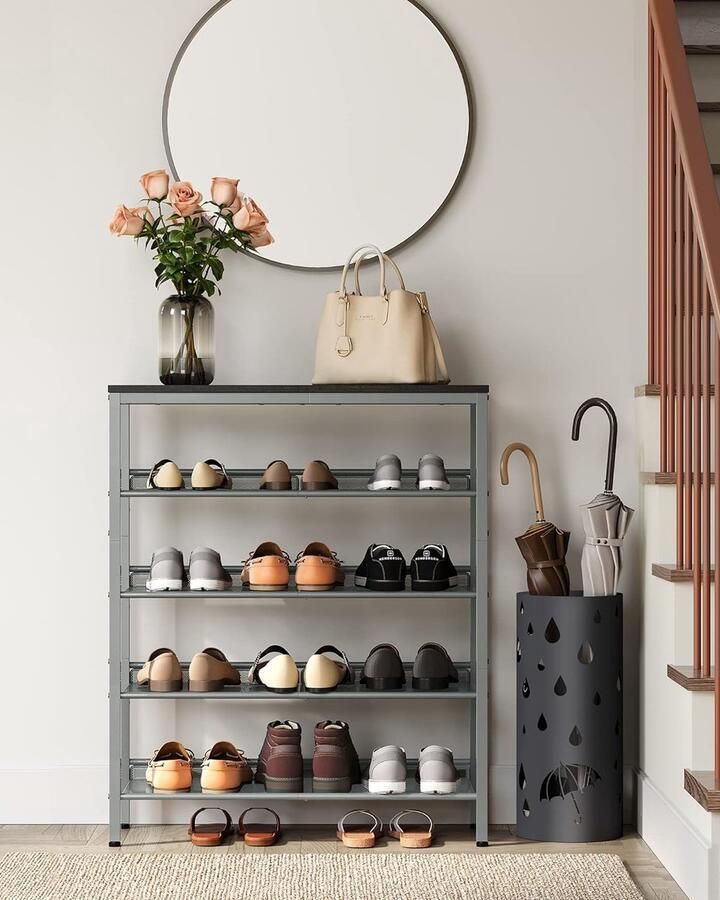 FurnStar VASAGLE Schoenenbank Schoenenrek Metaal Schoenenrek Zwart 5 niveaus Zwart Zilver