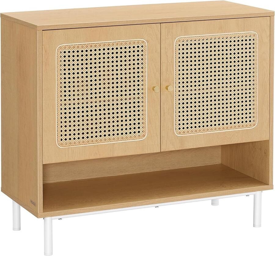 FurnStar Schoenenkast – 3 niveaus – Met deuren in rotan-look – Verstelbare plank – Stalen poten – Boho-stijl – Eikenbeige