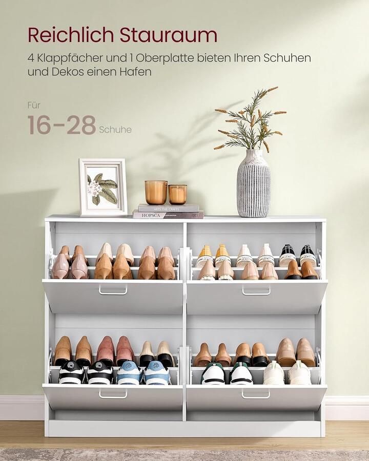 FurnStar – Schoenenkast met 4 kleppen – Ruimtebesparend schoenenrek met verstelbare scheidingswand – Voor 16-28 paar schoenen – Halmeubel – Sneeuwwit – 24 x 105 5 x 82 7 cm