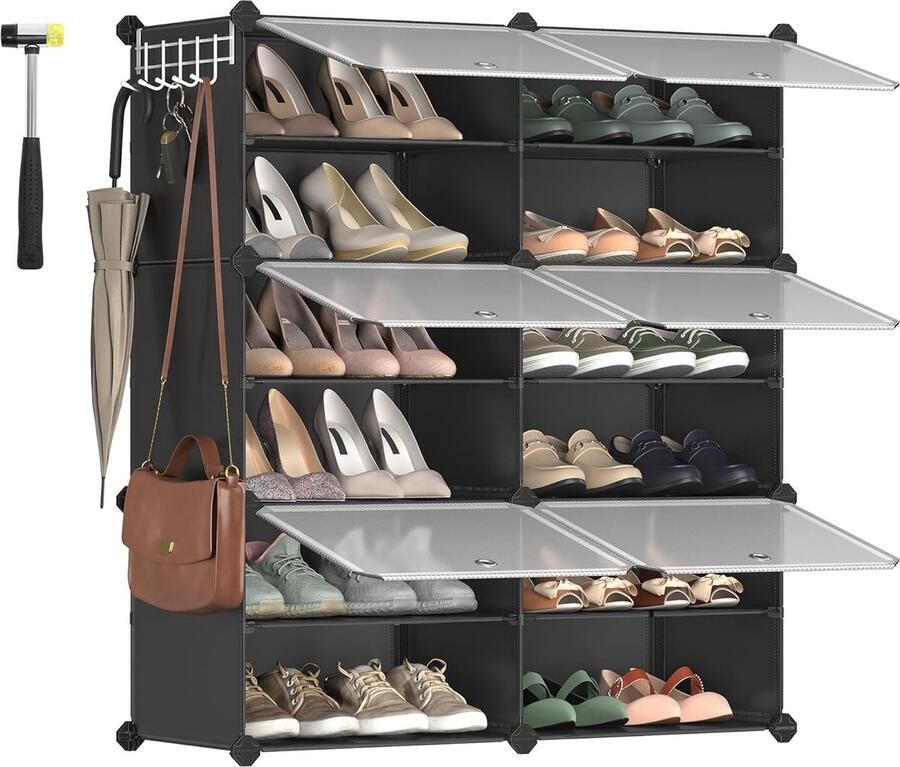 FurnStar Schoenenrek met 6 vakken schoenenkast 30 x 40 x 30 cm per vak smal met deuren stalen frame kunststof voor hal slaapkamer entree zwart