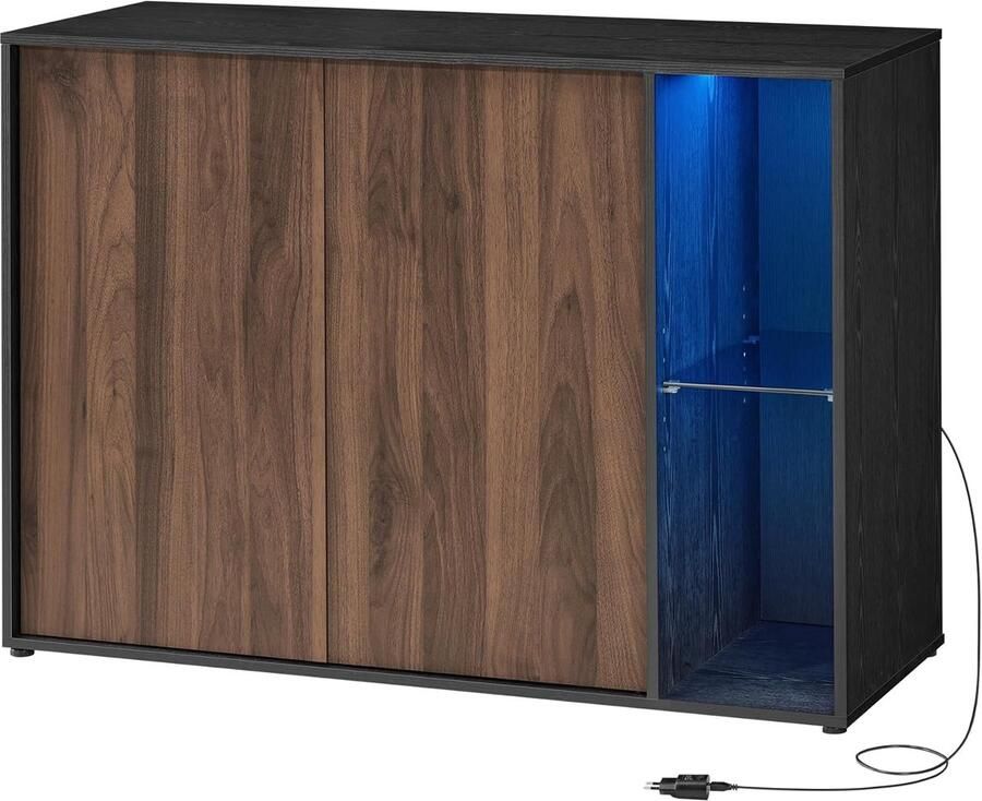 FurnStar Sideboard -Supersnelle montage zonder gereedschap Opbergkast met verlichting TV-meubel Glazen plank 100 x 39 x 71 cm Natuurlijk walnoot & ebbenhout zwart
