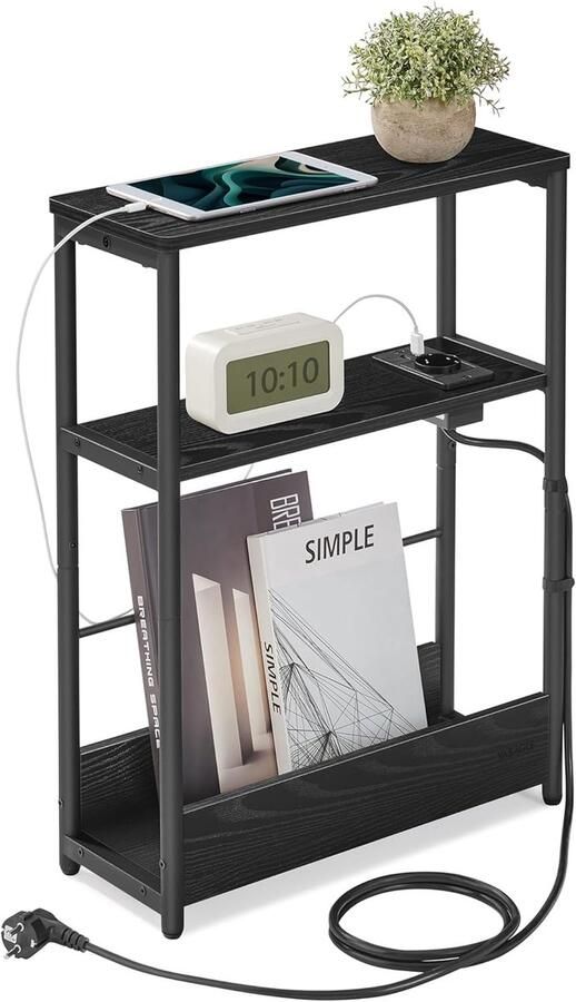 FurnStar – Smalle bijzettafel – Nachtkastje met oplaadfunctie – 3 planken & tijdschriftenhouder – 18 x 45 x 58 cm – Ebbenzwart-inktzwart
