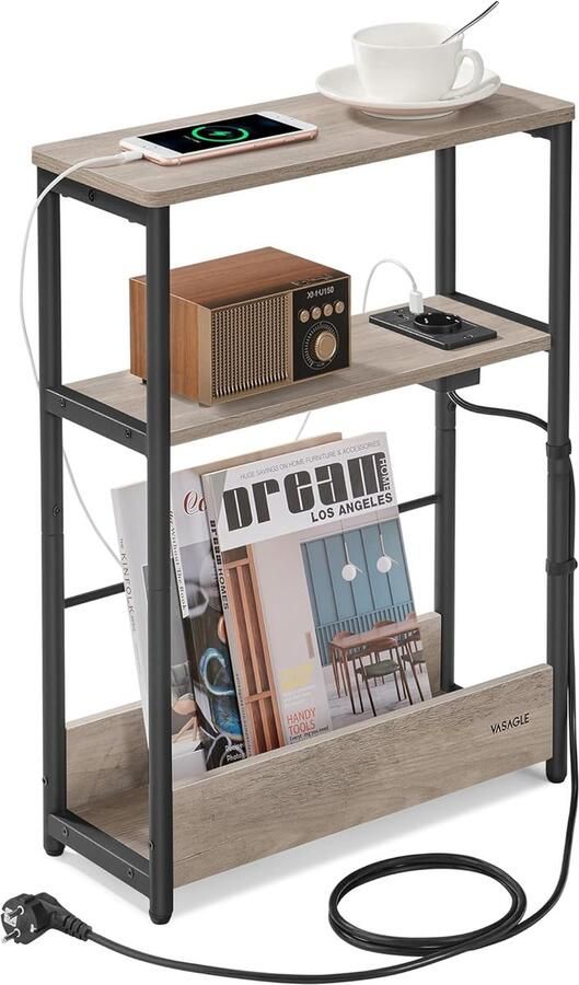 FurnStar – Smalle bijzettafel – Nachtkastje met oplaadfunctie – 3 planken & tijdschriftenhouder – 18 x 45 x 58 cm – Greige gemêleerd-inktzwart