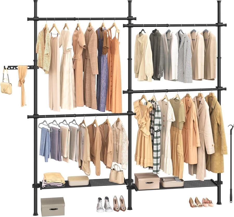 FurnStar Telescopische Kledingstandaard – 3-Traps Garderobe – In Hoogte en Breedte Verstelbaar – Open Kledingkast met 4 Kledingstangen en 2 Afneembare Planken – Grijparm – 33 5 x (162-238) x (208-310) cm – Matzwart