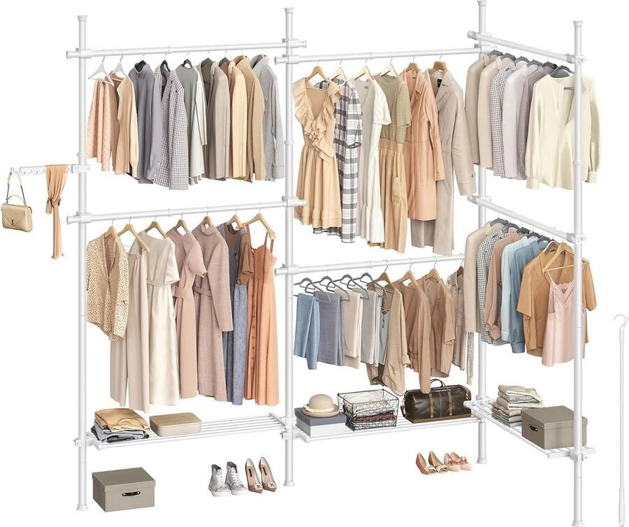 FurnStar Telescopische kledingstandaard 3-Traps garderobe In hoogte en breedte verstelbaar Open kledingkast met 6 kledingstangen en 3 afneembare planken Grijparm 34 x 353 x 310 cm Mat wit