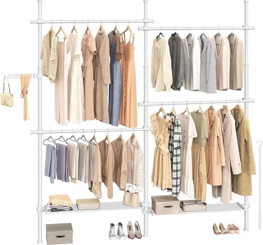 FurnStar Telescopische kledingstandaard 3-traps garderobe in hoogte en breedte verstelbaar open kledingkast met 4 kledingstangen en 2 afneembare planken grijparm 33 5 x (162-238) x (208-310) cm mat wit