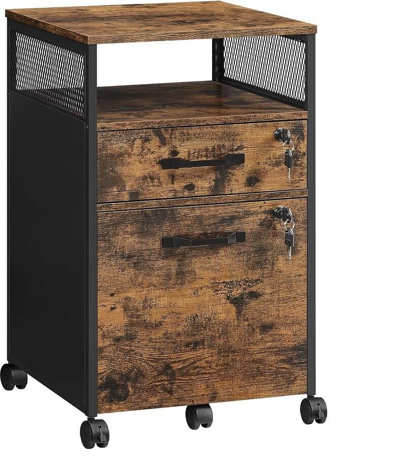 FurnStar Verrijdbare Archiefkast met 2 Afsluitbare Laden – Industrieel Design – Commode Met slot 44x42x69cm Bruin Zwart - Foto 2