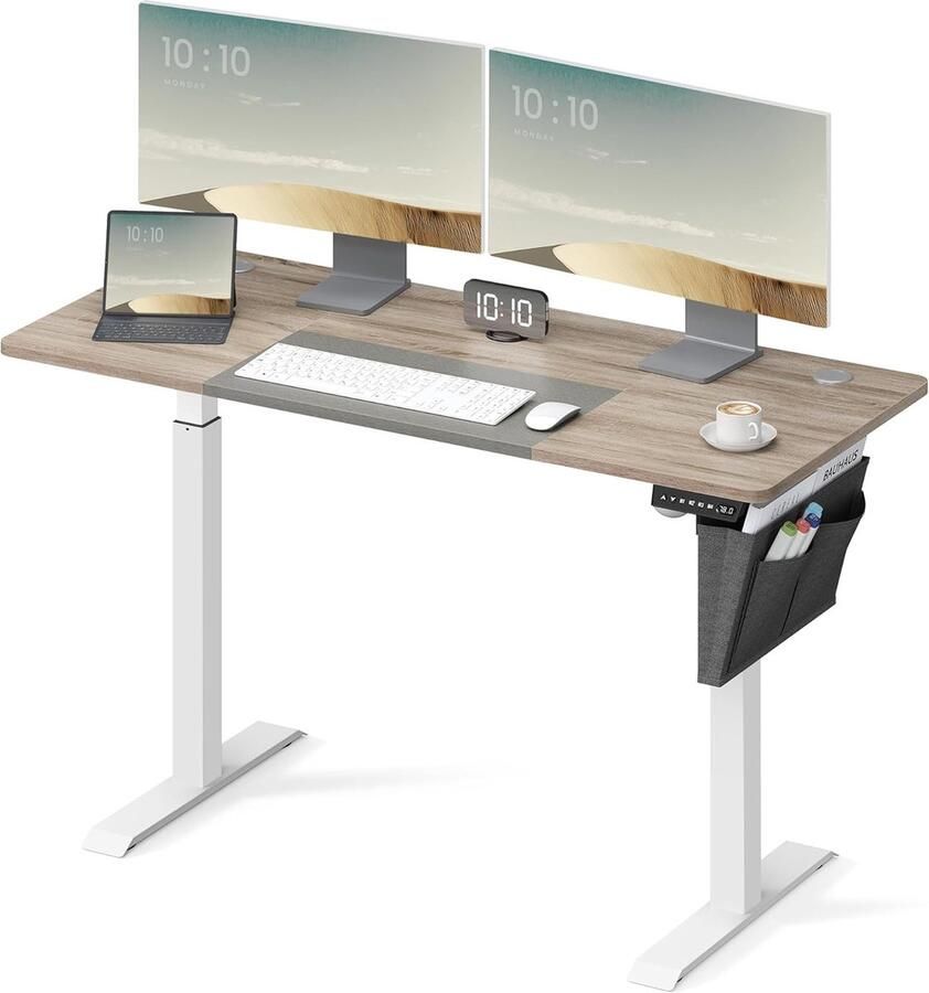 FurnStar Verstelbaar bureau In hoogte verstelbaar bureau elektrisch bureau tafel verstelbaar bureau elektrisch 60 x 140 x (72-120) cm geheugenfunctie voor 4 hoogtes voor thuiskantoor werkkamer Basiswit + greige
