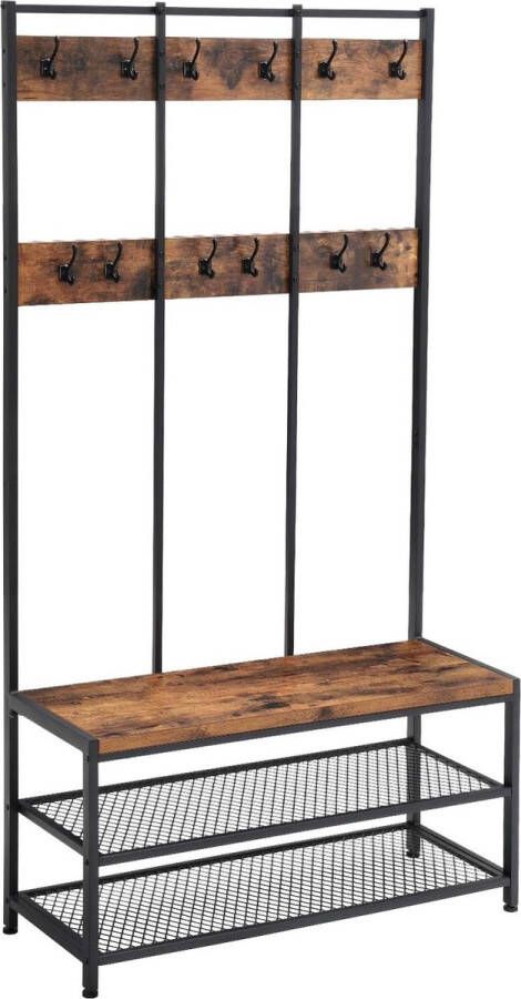 FurnStar Kapstok met schoenenrek Garderobe in industriële stijl Bankje Haken Schoenenrek Robuust metalen frame 100x40x184 cm Zwart-bruin