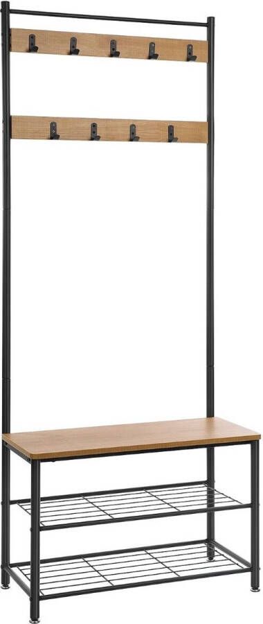 FurnStar Kapstok met schoenenrek Garderobe in industriële stijl Bankje Haken Schoenenrek Robuust metalen frame 175x70x32.5cm Licht Bruin