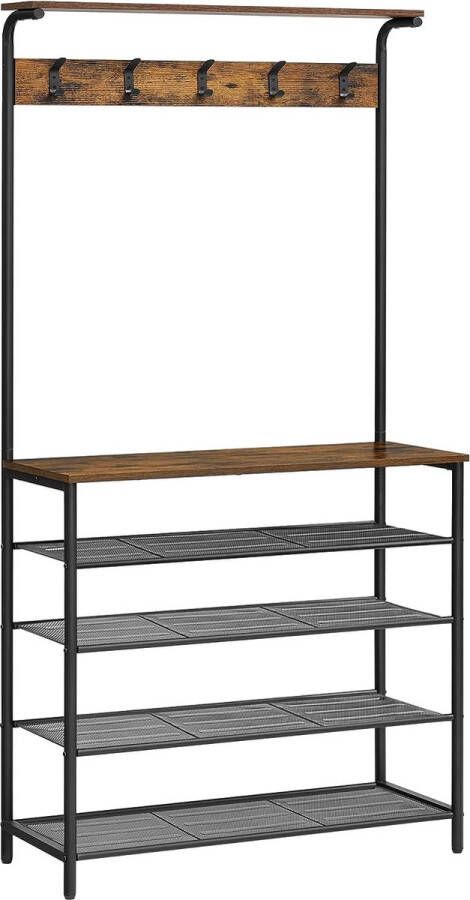 FurnStar Kapstok met schoenenrek Garderobe in industriële stijl Bankje Haken Schoenenrek Robuust metalen frame 80×32.2×182cm Bruin