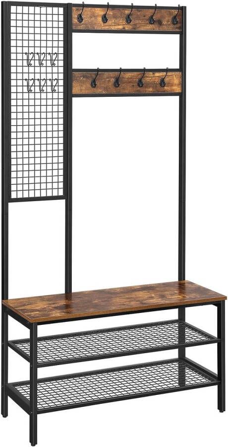 FurnStar Kapstok met schoenenrek Garderobe in industriële stijl Bankje Haken Schoenenrek Robuust metalen frame -97.7x40x185 cm Bruin