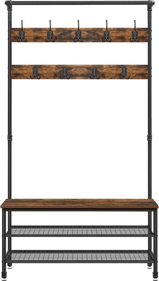 FurnStar Kapstok met schoenenrek Garderobe in industriële stijl Bankje 9 haken Schoenenrek Robuust metalen frame 97 x 41.5 x 182 cm Bruin-zwart