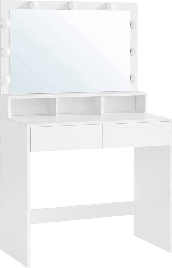 FurnStar Kaptafel cosmeticatafel met 9 LED-lampen en spiegel instelbare helderheid 2 laden en 3 open vakken laden modern wit