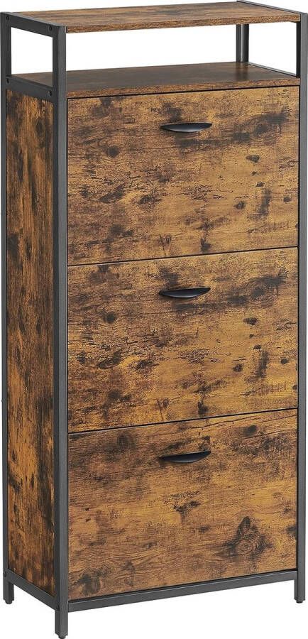 FurnStar Schoenenkast hoge schoenenkast met 3 draaideuren open plank binnenverdeler gang voor 12-18 paar schoenen ruimtebesparend 60 x 30 x 130 cm rustiek bruin en zwart