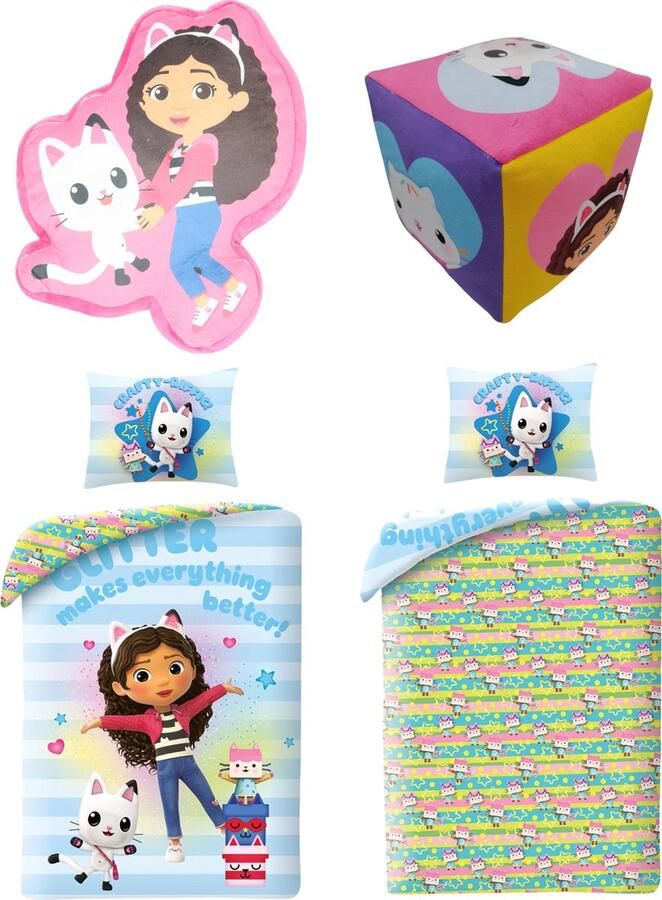 Gabby's Dollhouse Bed Set; Dekbedovertrek + Gevormd Kussen + Kubus Kussen
