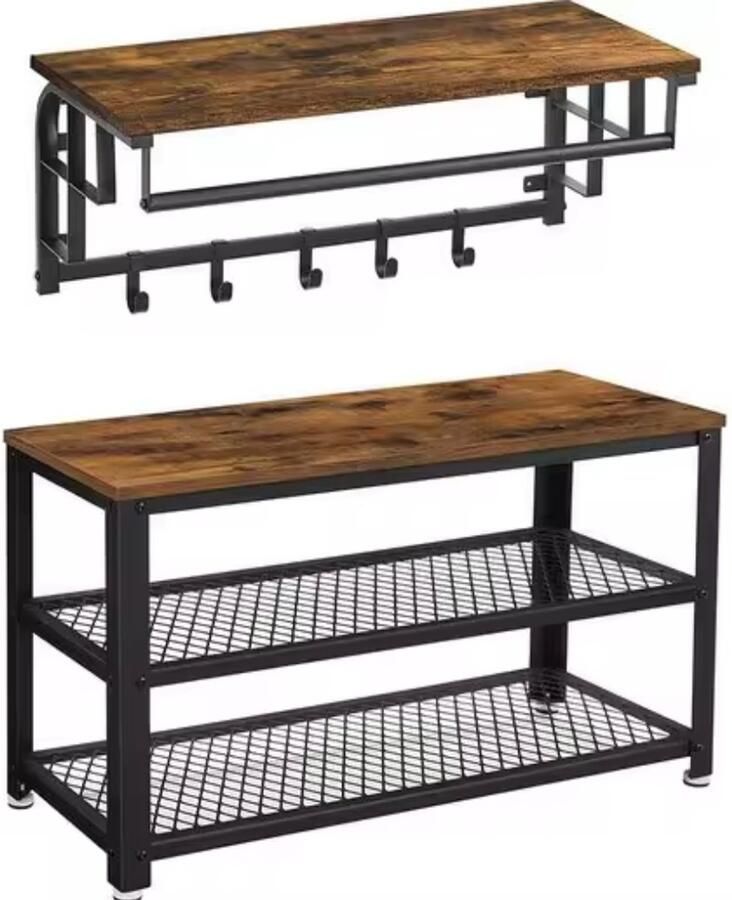 Gabrys 2-in-1 wandkapstok plus schoenen rek huis decoratie modern Schoenenbank Kapstok Industrieel Design Hout Metaal