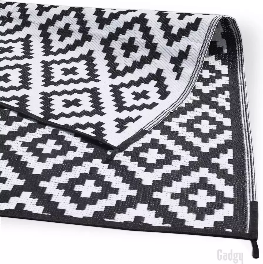 Gadgy Buitenkleed Vloerkleed Buiten XXL 270x200 cm Tuintapijt Dubbelzijdig Picknickkleed Zwart Wit Buitentapijt - Foto 3