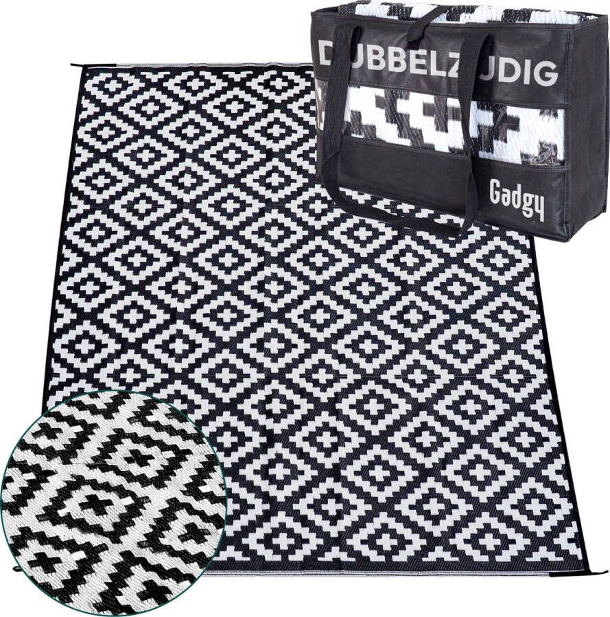 Gadgy Buitenkleed Vloerkleed Buiten XXL 270x200 cm Tuintapijt Dubbelzijdig Picknickkleed Zwart Wit Buitentapijt