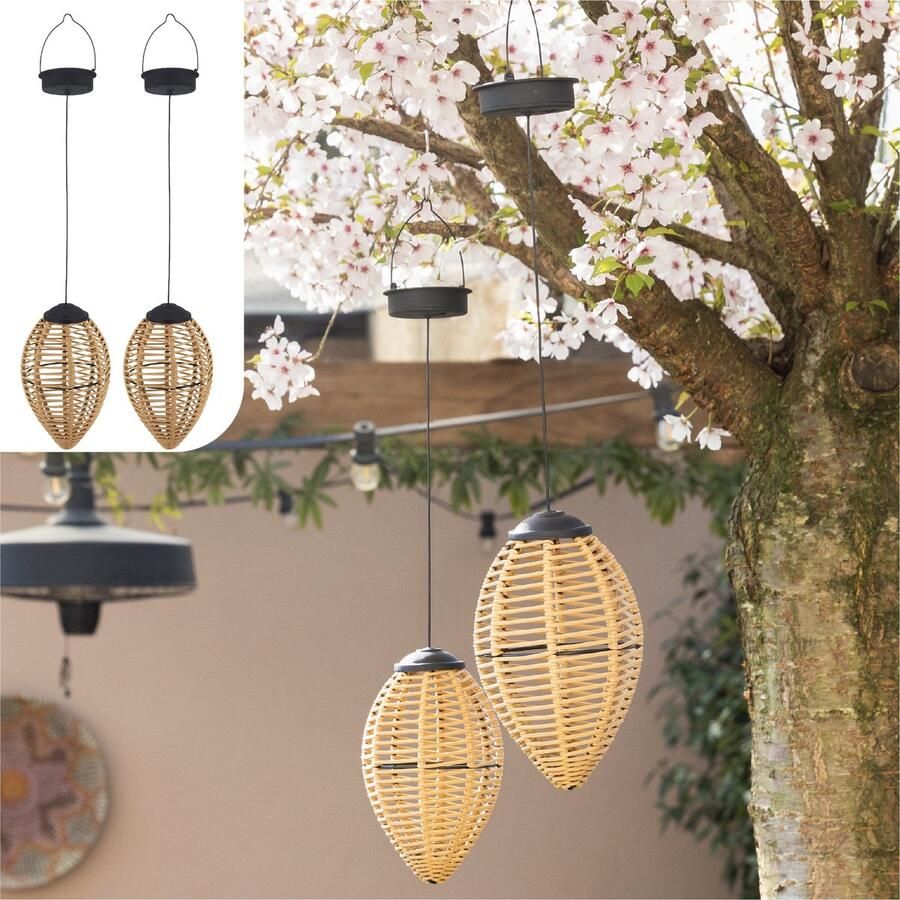 Gadgy Solar Hanglampen Buiten – Set van 2 – Rattan Look – LED Solar Tuinverlichting – Warm Licht – Spatwaterdicht – Zonne-energie – Hanglamp Tuin Decoratie