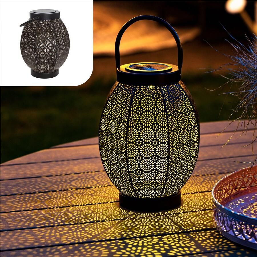 Gadgy Solar Lantaarn Bloem Solar Tuinverlichting op Zonneenergie Led Buitenverlichting met dag nacht Sensor Tafellamp Hanglamp Tuinlantaarn 24 x Ø 18.5 cm Zwart Metaal Moederdag Cadeautje