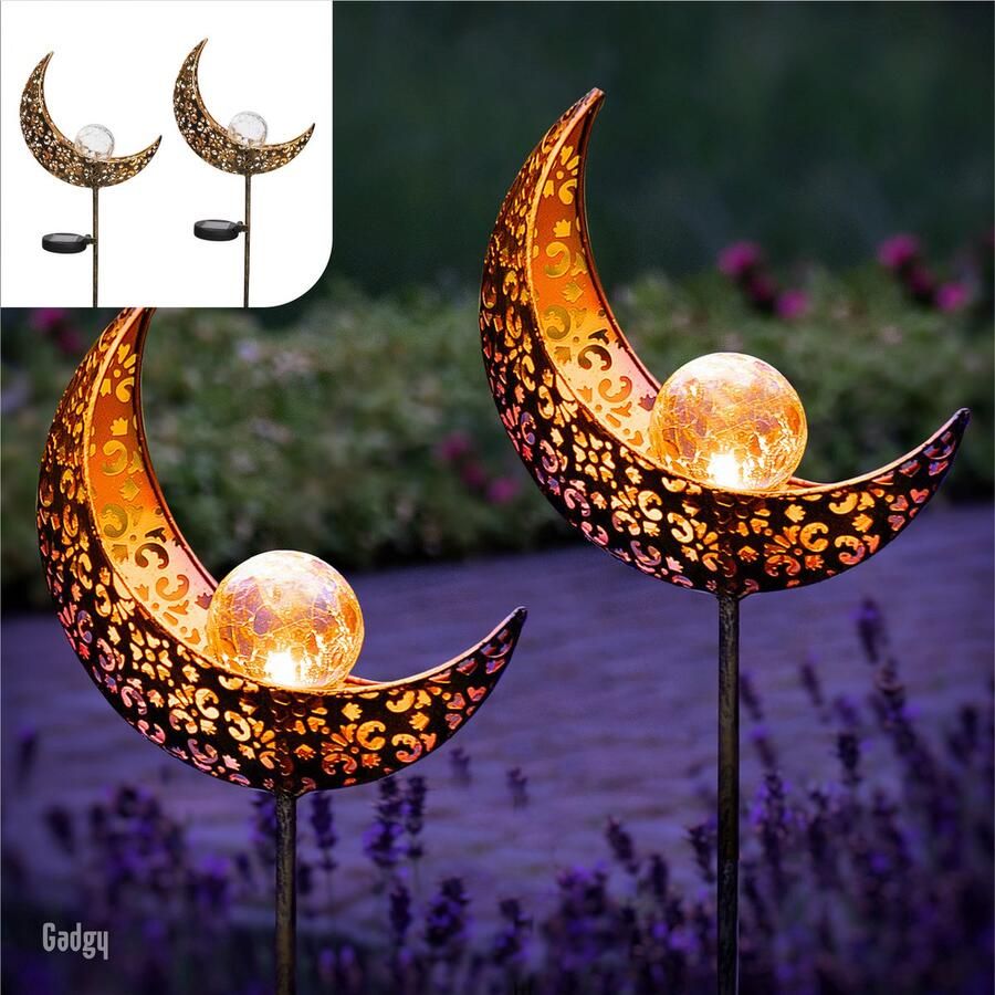 Gadgy Solar Tuinverlichting Maan Lamp met grondspies Tuinverlichting op zonneenergie Buiten Set van 2 st. Led Buitenverlichting met Sensor Tuinlantaarn Tuinfakkel 88 cm hoog Tuinsteker Brons Metaal