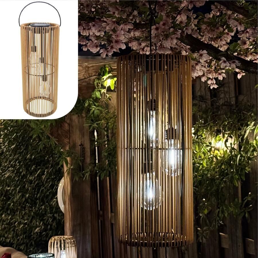 Gadgy Solar Tuinverlichting op Zonne-energie – Rotan Lantaarn voor Buiten – Hanglamp of Tafellamp – Spatwaterdicht – Sfeerverlichting voor Tuin Balkon of Terras Bruin – Ø17 x 41 cm – Dag Nacht Sensor