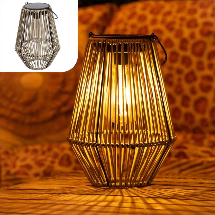 Gadgy Solar Tuinverlichting Rattan Beige Tuinverlichting op Zonne Energie Solar Tafellamp met USB-aansluiting Buitenlamp Tuinbeeld Tuinlantaarn met Dag Nacht Sensor Verlichting voor Buiten Lantaarn Tuin