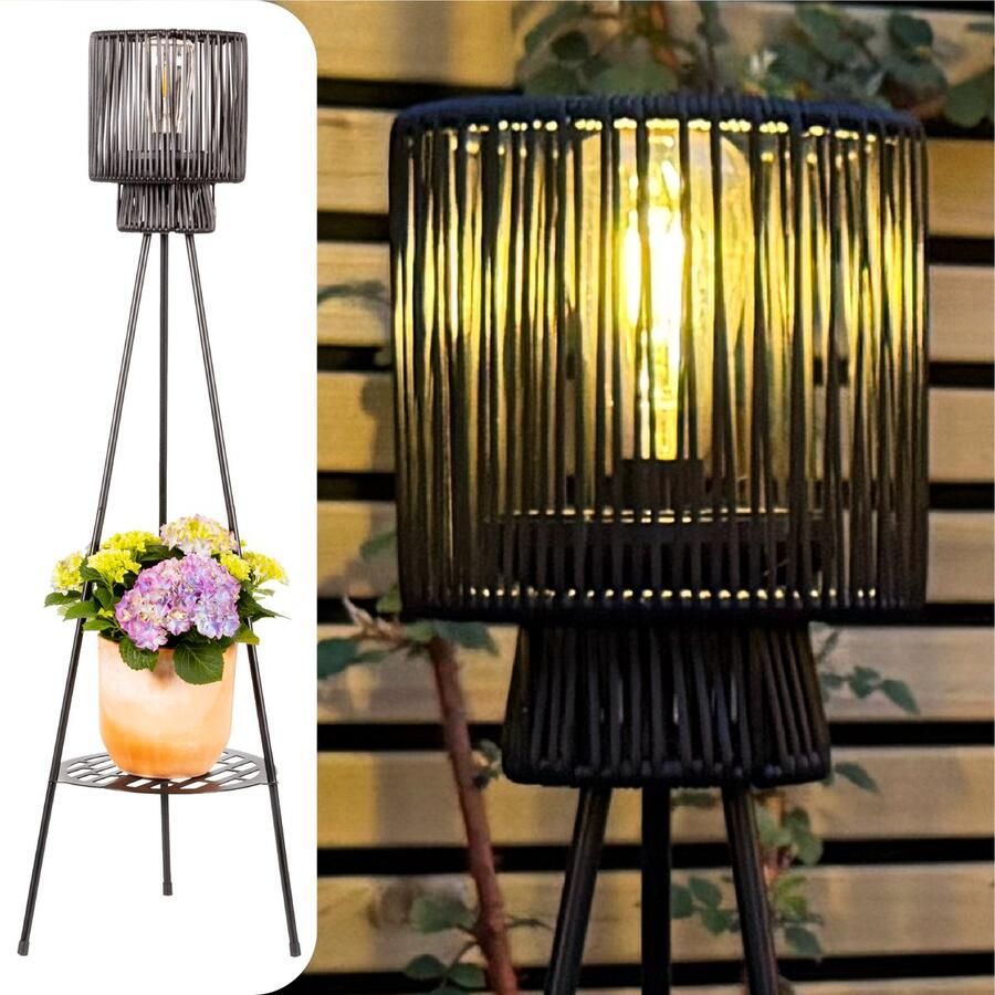 Gadgy Solar Tuinverlichting Staande Lamp Terras Buitenlamp Zonne Energie Balkon & Tuin Driepoot Tuinlamp Led Buiten met USB-aansluiting Lantaarn voor Buiten Verlichting Zwart Rattan