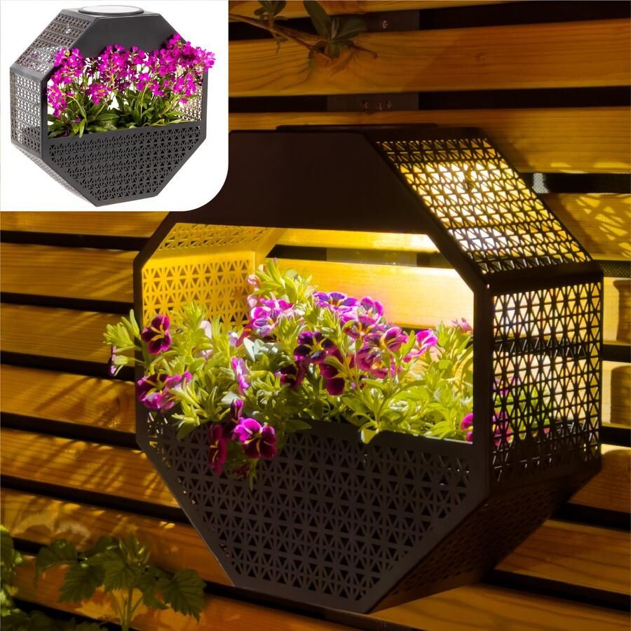 Gadgy Solar Wandlamp met Bloembak – Tuinverlichting op Zonneenergie – Buitenlamp met LED – 30x30 cm – Zwart