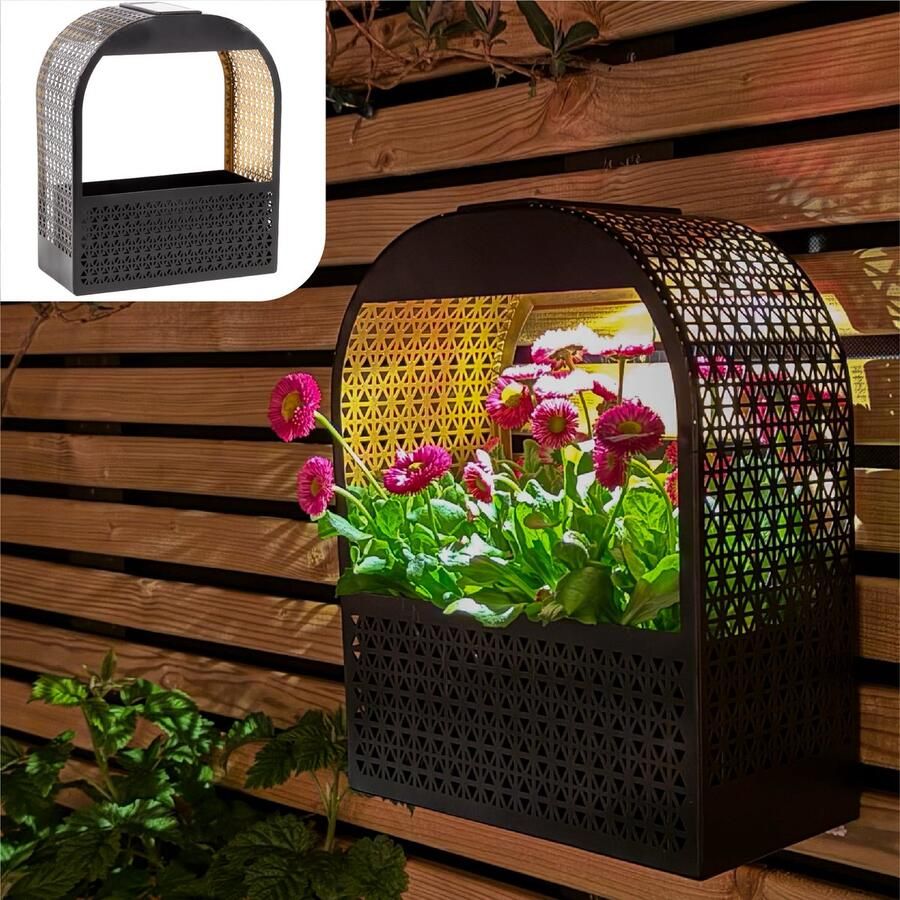 Gadgy Solar Wandlamp met Uitneembare Bloembak – Tuinverlichting op Zonneenergie – Warm Wit LED – 30x25 cm – Zwart Metaal