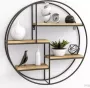 Gadgy Wandrek Industrieel Rond met 4 Wandplanken Hout Muurdecoratie Woonkamer Industriële Woonaccessoires Voor Aan De Muur- Metaal Zwart Ø 42x10 cm - Thumbnail 1