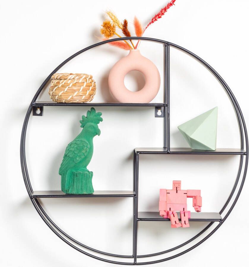 Gadgy Wandrek Industrieel – Rond met 4 Planken Wandrekken Wanddecoratie Industrieel Muurdecoratie Metaal – Ø 42x10 cm