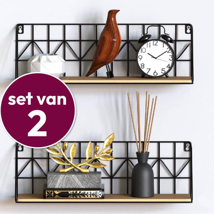 Gadgy Wandrekken Industrieel Set van 2 Wandrek Zwart met Hout Wanddecoratie Woonkamer Muurdecoratie Metaal Wandplank zwevend voor Slaapkamer Boekenrek – 45 cm