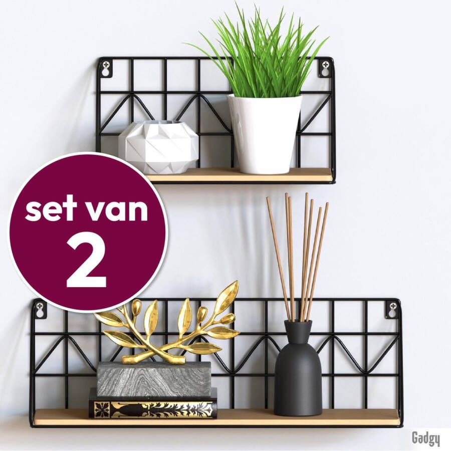 Gadgy Wandrekken Industrieel Set van 2 Wandrek Zwart met Hout Wanddecoratie Woonkamer Muurdecoratie Metaal Wandplank zwevend voor Slaapkamer Boekenrek – 30 en 45 cm