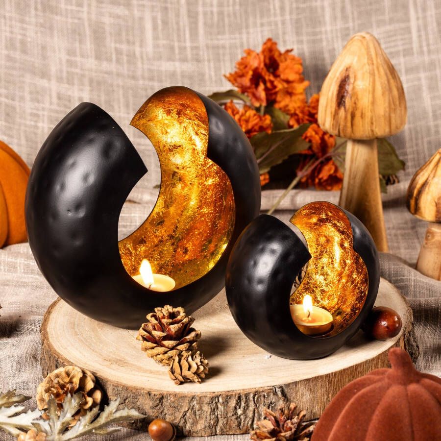 Gadgy Waxinelichthouder Rond Theelichthouder Set van 2 Herfst Decoratie Woonkamer 17&12.5CM Tafel Decoratie Metaal Zwart Goud