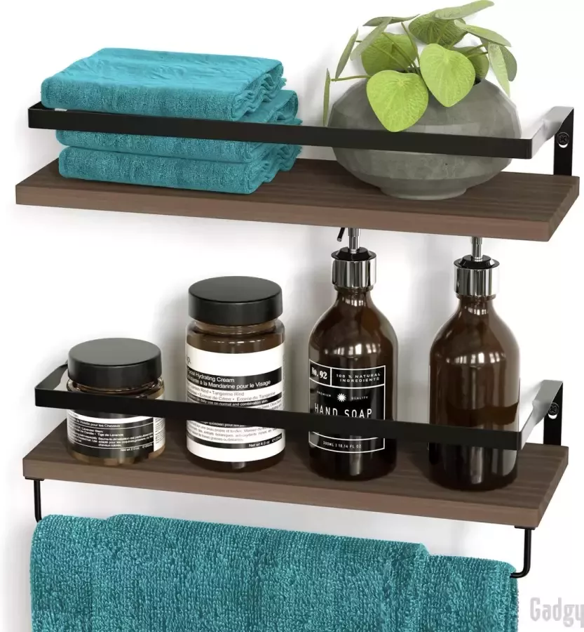 Gadgy Zwevende Wandplank 2 Stuks Wandrek Industrieel met Handdoekhouder Hout & Metaal 41CM Breed Bruin Zwart