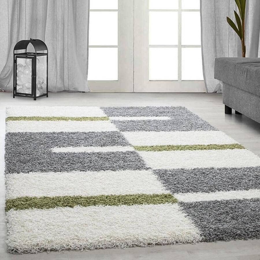 Gala Hoogpolig vloerkleed geruit patroon groen woonkamerkleed jute achterkant afmeting: 80 x 250 cm