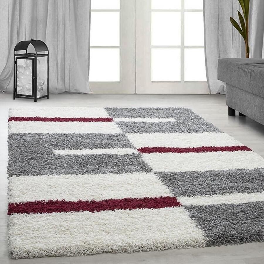 Gala Hoogpolig vloerkleed geruit patroon rood woonkamerkleed jute achterkant afmeting: 80 x 250 cm