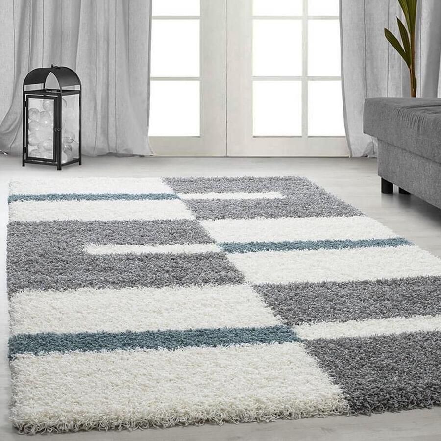 Gala Hoogpolig vloerkleed met ruitpatroon turquoise kleur geschikt voor de woonkamer met jute achterkant afmeting: 80 x 250 cm - Foto 5