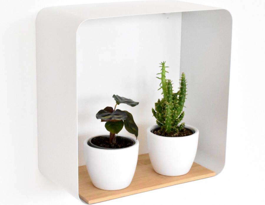 Galeara Design Wandrek wit 28cm x 28cm x 12cm Wandrek metaal met bamboe hout Wandplank Zoox Square wit 28cm planten voor woonkamer badmaker en slaapkamer