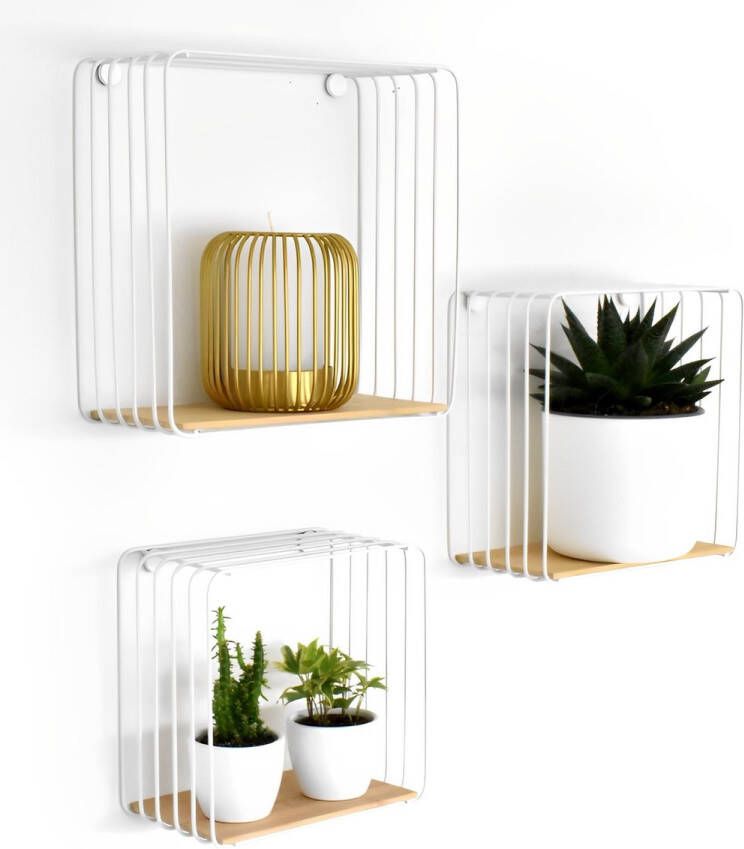 Galeara Design Wandrek wit metaal en hout bamboe Wandrekken wit hangend wandplank Cavoo modern set van 3 Wandschappen design metaal
